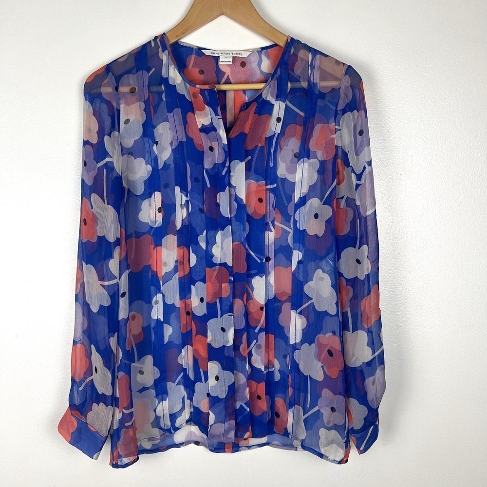Diane von Furstenberg DVF Floral 100% Silk‎ Chiffon Pleated Blouse Top sz 4